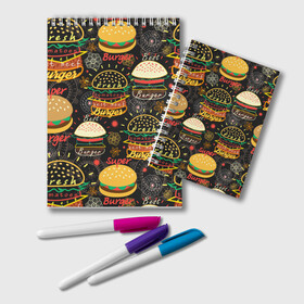 Блокнот с принтом Гамбургеры , 100% бумага | 48 листов, плотность листов — 60 г/м2, плотность картонной обложки — 250 г/м2. Листы скреплены удобной пружинной спиралью. Цвет линий — светло-серый
 | Тематика изображения на принте: hamburgers | sandwic | булочка | бутерброды | быстрая | гамбургер | гамбургеры | геометрический | графика | еда | зелень | иллюстрация | картинка | кунжут | мода | мясо | надпись | орнамент | рисунок | свежий