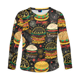 Женский лонгслив 3D с принтом Гамбургеры , 100% полиэстер | длинные рукава, круглый вырез горловины, полуприлегающий силуэт | hamburgers | sandwic | булочка | бутерброды | быстрая | гамбургер | гамбургеры | геометрический | графика | еда | зелень | иллюстрация | картинка | кунжут | мода | мясо | надпись | орнамент | рисунок | свежий