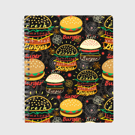 Тетрадь с принтом Гамбургеры , 100% бумага | 48 листов, плотность листов — 60 г/м2, плотность картонной обложки — 250 г/м2. Листы скреплены сбоку удобной пружинной спиралью. Уголки страниц и обложки скругленные. Цвет линий — светло-серый
 | Тематика изображения на принте: hamburgers | sandwic | булочка | бутерброды | быстрая | гамбургер | гамбургеры | геометрический | графика | еда | зелень | иллюстрация | картинка | кунжут | мода | мясо | надпись | орнамент | рисунок | свежий