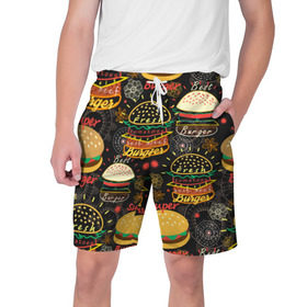 Мужские шорты 3D с принтом Гамбургеры ,  полиэстер 100% | прямой крой, два кармана без застежек по бокам. Мягкая трикотажная резинка на поясе, внутри которой широкие завязки. Длина чуть выше колен | hamburgers | sandwic | булочка | бутерброды | быстрая | гамбургер | гамбургеры | геометрический | графика | еда | зелень | иллюстрация | картинка | кунжут | мода | мясо | надпись | орнамент | рисунок | свежий