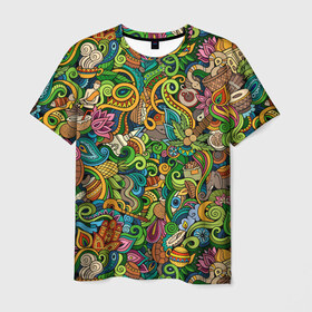 Мужская футболка 3D с принтом Тибетский коллаж , 100% полиэфир | прямой крой, круглый вырез горловины, длина до линии бедер | Тематика изображения на принте: ti | ананас | архитектура | будда | графика | деревья | зелень | земля | змея | иллюстрация | картинка | кокосы | коллаж | купола | листья | мода | орнамент | пальмы | рисунок | священная | стиль | узоры