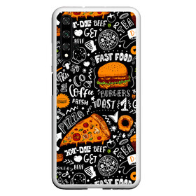 Чехол для Honor 20 с принтом Fast food , Силикон | Область печати: задняя сторона чехла, без боковых панелей | fast | food | hambu | булочка | бутерброды | быстрое | гамбургеры | графика | еда | зелень | иллюстрация | картинка | кунжут | мода | мясо | надпись | орнамент | питание | пицца | пончики | рисунок | свежий