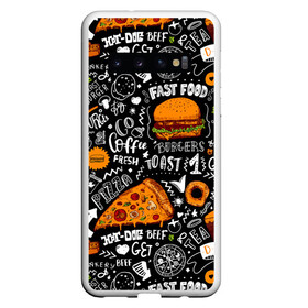 Чехол для Samsung Galaxy S10 с принтом Fast food , Силикон | Область печати: задняя сторона чехла, без боковых панелей | Тематика изображения на принте: fast | food | hambu | булочка | бутерброды | быстрое | гамбургеры | графика | еда | зелень | иллюстрация | картинка | кунжут | мода | мясо | надпись | орнамент | питание | пицца | пончики | рисунок | свежий