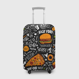 Чехол для чемодана 3D с принтом Fast food , 86% полиэфир, 14% спандекс | двустороннее нанесение принта, прорези для ручек и колес | fast | food | hambu | булочка | бутерброды | быстрое | гамбургеры | графика | еда | зелень | иллюстрация | картинка | кунжут | мода | мясо | надпись | орнамент | питание | пицца | пончики | рисунок | свежий