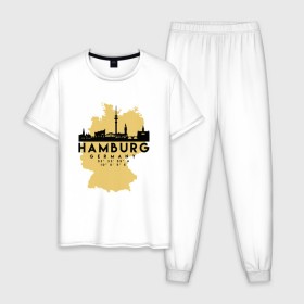 Мужская пижама хлопок с принтом Гамбург - Германия , 100% хлопок | брюки и футболка прямого кроя, без карманов, на брюках мягкая резинка на поясе и по низу штанин
 | adventure | city | germany | travel | world | берлин | гамбург | германия | город | государство | европа | жизнь | карта | культура | люди | мир | народ | партиот | планета | приключение | путешествие | спорт | ссср | столи