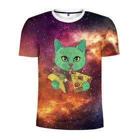 Мужская футболка 3D спортивная с принтом Космический Кот , 100% полиэстер с улучшенными характеристиками | приталенный силуэт, круглая горловина, широкие плечи, сужается к линии бедра | cat | cosmic | galaxy | pizza | taco | в космосе | галактика | космос | кот | коты | пицца | тако