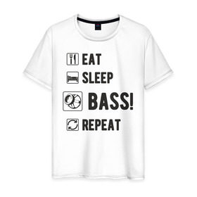 Мужская футболка хлопок с принтом Eat, sleep, bass, repeat , 100% хлопок | прямой крой, круглый вырез горловины, длина до линии бедер, слегка спущенное плечо. | автозвук | басы | музыка | сабвуфер