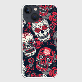 Чехол для iPhone 13 mini с принтом Мексиканские черепа ,  |  | Тематика изображения на принте: графика | день мертвых | знак | иллюстрация | искусство | картинка | мексика | мексиканские | мода | национальный | орнамент | паутина | поминки | праздник | рисунок | розы | ромашки | символ | стиль