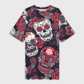 Платье-футболка 3D с принтом Мексиканские черепа ,  |  | Тематика изображения на принте: графика | день мертвых | знак | иллюстрация | искусство | картинка | мексика | мексиканские | мода | национальный | орнамент | паутина | поминки | праздник | рисунок | розы | ромашки | символ | стиль