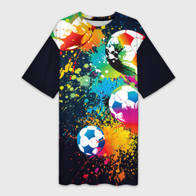 Платье-футболка 3D с принтом Футбольные мячи ,  |  | ball | cov | football | leather | soccer | болельщик | брызги | графика | иллюстрация | картинка | кожа | краски | мода | мяч | покрытие | пятна | радуга | рисунок | сила | скорость | спорт | спортсмен | стиль | фанат | фон