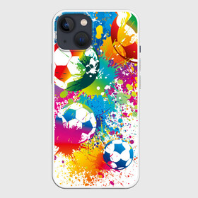 Чехол для iPhone 13 с принтом Футбольные мячи ,  |  | ball | cove | football | leather | soccer | белый | болельщик | брызги | графика | иллюстрация | картинка | кожа | краски | мода | мяч | покрытие | пятна | радуга | рисунок | сила | скорость | спорт | спортсмен | стиль