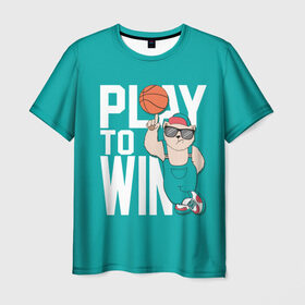 Мужская футболка 3D с принтом Play to win , 100% полиэфир | прямой крой, круглый вырез горловины, длина до линии бедер | баскетбол | баскетбольный | бейсболка | графика | животное | зелёный | играй | иллюстрация | картинка | комбинезон | кот | кроссовки | крутит | мода | мяч | на пальце | надпись | очки | победы | ради