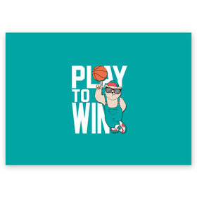Поздравительная открытка с принтом Play to win , 100% бумага | плотность бумаги 280 г/м2, матовая, на обратной стороне линовка и место для марки
 | баскетбол | баскетбольный | бейсболка | графика | животное | зелёный | играй | иллюстрация | картинка | комбинезон | кот | кроссовки | крутит | мода | мяч | на пальце | надпись | очки | победы | ради