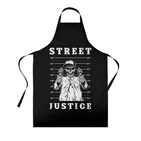 Фартук 3D с принтом Street justice , 100% полиэстер | общий размер — 65 х 85 см, ширина нагрудника — 26 см, горловина — 53 см, длина завязок — 54 см, общий обхват в поясе — 173 см. Принт на завязках и на горловине наносится с двух сторон, на основной части фартука — только с внешней стороны | justice | s | skeleton | skull | street | банда | бандана | бандит | бейсболка | графика | иллюстрация | картинка | мода | надпись | оружие | пистолеты | платок | револьверы | рисунок | символ | скелет | справедливость