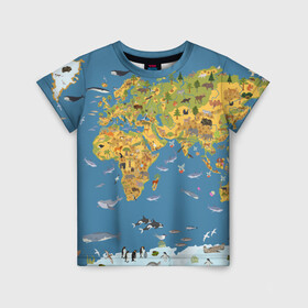 Детская футболка 3D с принтом Карта мира , 100% гипоаллергенный полиэфир | прямой крой, круглый вырез горловины, длина до линии бедер, чуть спущенное плечо, ткань немного тянется | Тематика изображения на принте: азия | акулы | америка | антарктида | бизон | волк | европа | животные | зебра | кабан | карта | киты | лама | лев | лось | материки | медведь | мира | моржи | моря | океаны | пингвины | птицы | реки | рыбы