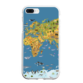 Чехол для iPhone 7Plus/8 Plus матовый с принтом Карта мира , Силикон | Область печати: задняя сторона чехла, без боковых панелей | азия | акулы | америка | антарктида | бизон | волк | европа | животные | зебра | кабан | карта | киты | лама | лев | лось | материки | медведь | мира | моржи | моря | океаны | пингвины | птицы | реки | рыбы