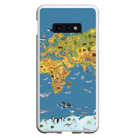 Чехол для Samsung S10E с принтом Карта мира , Силикон | Область печати: задняя сторона чехла, без боковых панелей | азия | акулы | америка | антарктида | бизон | волк | европа | животные | зебра | кабан | карта | киты | лама | лев | лось | материки | медведь | мира | моржи | моря | океаны | пингвины | птицы | реки | рыбы