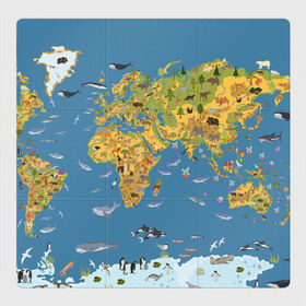 Магнитный плакат 3Х3 с принтом Карта мира , Полимерный материал с магнитным слоем | 9 деталей размером 9*9 см | азия | акулы | америка | антарктида | бизон | волк | европа | животные | зебра | кабан | карта | киты | лама | лев | лось | материки | медведь | мира | моржи | моря | океаны | пингвины | птицы | реки | рыбы