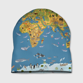 Шапка 3D с принтом Карта мира , 100% полиэстер | универсальный размер, печать по всей поверхности изделия | азия | акулы | америка | антарктида | бизон | волк | европа | животные | зебра | кабан | карта | киты | лама | лев | лось | материки | медведь | мира | моржи | моря | океаны | пингвины | птицы | реки | рыбы