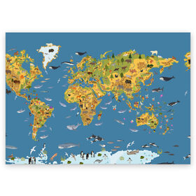 Поздравительная открытка с принтом Карта мира , 100% бумага | плотность бумаги 280 г/м2, матовая, на обратной стороне линовка и место для марки
 | азия | акулы | америка | антарктида | бизон | волк | европа | животные | зебра | кабан | карта | киты | лама | лев | лось | материки | медведь | мира | моржи | моря | океаны | пингвины | птицы | реки | рыбы