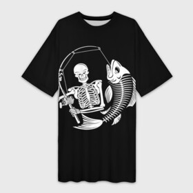 Платье-футболка 3D с принтом Fishing ,  |  | death | fish | fisherman | fishing | halloween | holiday | skeletons | spinning | symbol | графика | иллюстрация | картинка | леска | мода | праздник | рисунок | рыба | рыбак | рыбалка | символ | скелеты | спиннинг | стиль | трафарет | фон