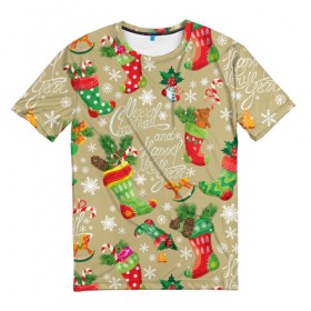 Мужская футболка 3D с принтом Merry christmas! , 100% полиэфир | прямой крой, круглый вырез горловины, длина до линии бедер | бежевый | ветки | графика | ёлка | ёлочные | ель | зима | игрушки | иллюстрация | картинка | колокольчики | мода | мороз | новый год | орнамент | подарки | праздник | рисунок | рождество | снег | снежинки