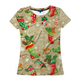 Женская футболка 3D с принтом Merry christmas! , 100% полиэфир ( синтетическое хлопкоподобное полотно) | прямой крой, круглый вырез горловины, длина до линии бедер | бежевый | ветки | графика | ёлка | ёлочные | ель | зима | игрушки | иллюстрация | картинка | колокольчики | мода | мороз | новый год | орнамент | подарки | праздник | рисунок | рождество | снег | снежинки