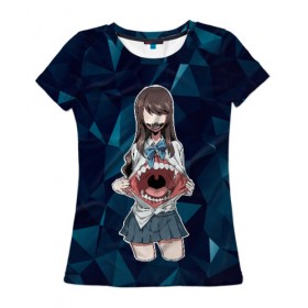 Женская футболка 3D с принтом Аниме девочка , 100% полиэфир ( синтетическое хлопкоподобное полотно) | прямой крой, круглый вырез горловины, длина до линии бедер | anime | аниме | аниме ужастик | девочка | зубастая | зубы | клыки | ужасы | юбка