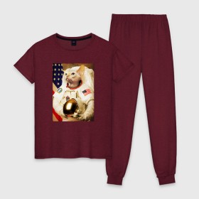 Женская пижама хлопок с принтом Cat Astronaut , 100% хлопок | брюки и футболка прямого кроя, без карманов, на брюках мягкая резинка на поясе и по низу штанин | Тематика изображения на принте: nasa | space | америка | армстронг | астронавт | вселенная | киса | киска | космонавт | космос | кот | котейка | котенок | котэ | котя | кошка | лысый | полет | сфинкс