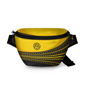 Поясная сумка 3D с принтом Volkswagen , 100% полиэстер | плотная ткань, ремень с регулируемой длиной, внутри несколько карманов для мелочей, основное отделение и карман с обратной стороны сумки застегиваются на молнию | racer | авто | автолюбитель. volkswagen | гонщик | желто черная | колесо | машина | след | фольксваген | шина