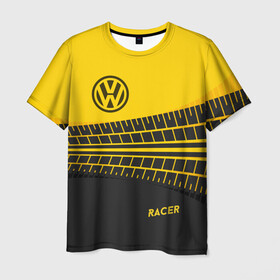 Мужская футболка 3D с принтом Volkswagen , 100% полиэфир | прямой крой, круглый вырез горловины, длина до линии бедер | Тематика изображения на принте: racer | авто | автолюбитель. volkswagen | гонщик | желто черная | колесо | машина | след | фольксваген | шина