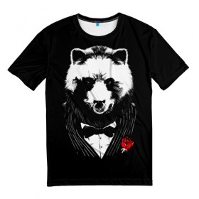 Мужская футболка 3D с принтом Медведь авторитет , 100% полиэфир | прямой крой, круглый вырез горловины, длина до линии бедер | Тематика изображения на принте: authority | bear | go | авторитет | аль капоне | бабочка | в носу | взгляд | галстук | графика | дикий | животное | иллюстрация | картинка | кольцо | костюм | красная | крестный | мафия | медведь | мода | отец