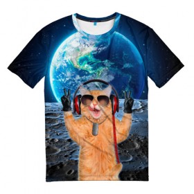 Мужская футболка 3D с принтом Кот на луне , 100% полиэфир | прямой крой, круглый вырез горловины, длина до линии бедер | cat | астрономия | в космосе | в наушниках | в очках | грозовой кошак | животные | звезды | земля | илон маск | космическая | космонавт | космос | кот | котейка | котики | луна | луноход | на фоне земли