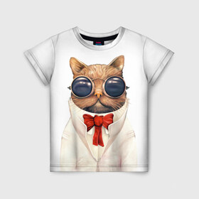 Детская футболка 3D с принтом Кот , 100% гипоаллергенный полиэфир | прямой крой, круглый вырез горловины, длина до линии бедер, чуть спущенное плечо, ткань немного тянется | бабочка | в очках | киса | киска | костюм | котейка | котенок | котэ | котя | кошка | крутой | модный | стиль | ученый