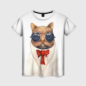 Женская футболка 3D с принтом Кот , 100% полиэфир ( синтетическое хлопкоподобное полотно) | прямой крой, круглый вырез горловины, длина до линии бедер | бабочка | в очках | киса | киска | костюм | котейка | котенок | котэ | котя | кошка | крутой | модный | стиль | ученый