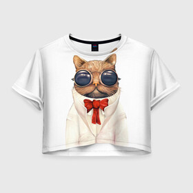 Женская футболка Cropp-top с принтом Кот , 100% полиэстер | круглая горловина, длина футболки до линии талии, рукава с отворотами | бабочка | в очках | киса | киска | костюм | котейка | котенок | котэ | котя | кошка | крутой | модный | стиль | ученый