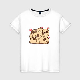 Женская футболка хлопок с принтом Puglie Pug. Кучка Мопсов , 100% хлопок | прямой крой, круглый вырез горловины, длина до линии бедер, слегка спущенное плечо | 