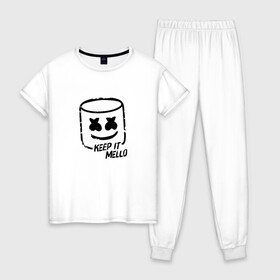 Женская пижама хлопок с принтом Keep It Mello , 100% хлопок | брюки и футболка прямого кроя, без карманов, на брюках мягкая резинка на поясе и по низу штанин | marshmallow | marshmello | диджей | маршмэллоу | музыка