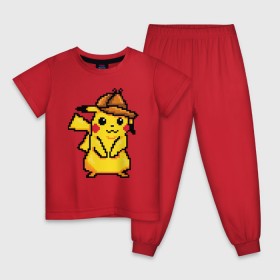 Детская пижама хлопок с принтом Пиксельный Детектив Пикачу , 100% хлопок |  брюки и футболка прямого кроя, без карманов, на брюках мягкая резинка на поясе и по низу штанин
 | 