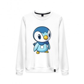 Женский свитшот хлопок с принтом Piplup , 100% хлопок | прямой крой, круглый вырез, на манжетах и по низу широкая трикотажная резинка  | piplup | пингвин | пингвиненок | пиплуп | покемон | покемоны | синий