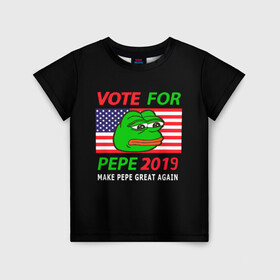 Детская футболка 3D с принтом Vote for pepe , 100% гипоаллергенный полиэфир | прямой крой, круглый вырез горловины, длина до линии бедер, чуть спущенное плечо, ткань немного тянется | Тематика изображения на принте: bad | dab | frog | good | kek | make pepe great again | pepe | sad | sad frog | vote for pepe | кек | лягушка | мем | мемы | пепе | со смыслом | фрог