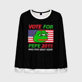 Мужской свитшот 3D с принтом Vote for pepe , 100% полиэстер с мягким внутренним слоем | круглый вырез горловины, мягкая резинка на манжетах и поясе, свободная посадка по фигуре | Тематика изображения на принте: bad | dab | frog | good | kek | make pepe great again | pepe | sad | sad frog | vote for pepe | кек | лягушка | мем | мемы | пепе | со смыслом | фрог