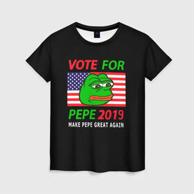 Женская футболка 3D с принтом Vote for pepe , 100% полиэфир ( синтетическое хлопкоподобное полотно) | прямой крой, круглый вырез горловины, длина до линии бедер | Тематика изображения на принте: bad | dab | frog | good | kek | make pepe great again | pepe | sad | sad frog | vote for pepe | кек | лягушка | мем | мемы | пепе | со смыслом | фрог