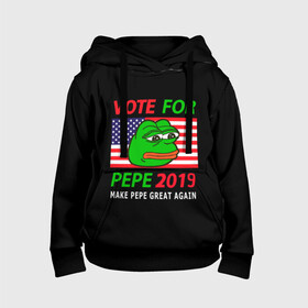 Детская толстовка 3D с принтом Vote for pepe , 100% полиэстер | двухслойный капюшон со шнурком для регулировки, мягкие манжеты на рукавах и по низу толстовки, спереди карман-кенгуру с мягким внутренним слоем | Тематика изображения на принте: bad | dab | frog | good | kek | make pepe great again | pepe | sad | sad frog | vote for pepe | кек | лягушка | мем | мемы | пепе | со смыслом | фрог