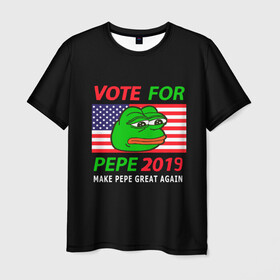 Мужская футболка 3D с принтом Vote for pepe , 100% полиэфир | прямой крой, круглый вырез горловины, длина до линии бедер | Тематика изображения на принте: bad | dab | frog | good | kek | make pepe great again | pepe | sad | sad frog | vote for pepe | кек | лягушка | мем | мемы | пепе | со смыслом | фрог