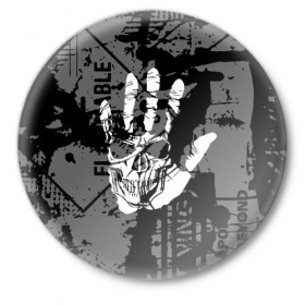 Значок с принтом Stop ,  металл | круглая форма, металлическая застежка в виде булавки | Тематика изображения на принте: black | caution | gray | halloween | hand | skeleton | skull | stop | white | белый | предупреждение | рука | серый | скелет | хэллоуин | череп | черный