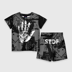 Детский костюм с шортами 3D с принтом Stop Covid 19 ,  |  | black | caution | gray | halloween | hand | skeleton | skull | stop | white | белый | предупреждение | рука | серый | скелет | хэллоуин | череп | черный