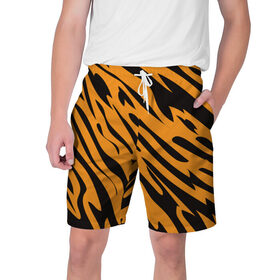 Мужские шорты 3D с принтом Тигр ,  полиэстер 100% | прямой крой, два кармана без застежек по бокам. Мягкая трикотажная резинка на поясе, внутри которой широкие завязки. Длина чуть выше колен | животное | зверь | кардашьян | ким | кот | лев | оранжевый | полосы | рыжий | тигр | черный