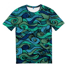 Мужская футболка 3D с принтом Морская пучина , 100% полиэфир | прямой крой, круглый вырез горловины, длина до линии бедер | абстракция | волны | зеленый | круг | линии | море | полосы | синий