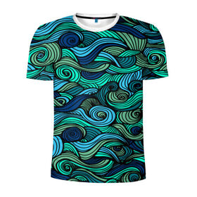 Мужская футболка 3D спортивная с принтом Морская пучина , 100% полиэстер с улучшенными характеристиками | приталенный силуэт, круглая горловина, широкие плечи, сужается к линии бедра | Тематика изображения на принте: абстракция | волны | зеленый | круг | линии | море | полосы | синий